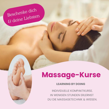 Massagekursflyer mit Frau die massiert wird. Text: Massage-Kurse: learing by doing