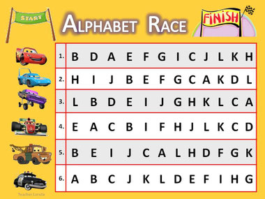 Roll a dice. Choose a car by the number you roll. As fast as you can "drive" your car down the alphabet road to the finish. :-)