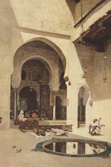 Tribunal de la Alhambra,1871.Óleo sobre lienzo 72x59cm.Una de las obras de mejor crítica,adquirida por Salvador Dalí en 1962.Esta estancia durante la E.Media estuvo destinada a la celebración de audiencias.El interés por los escarnios públicos,asesinatos 