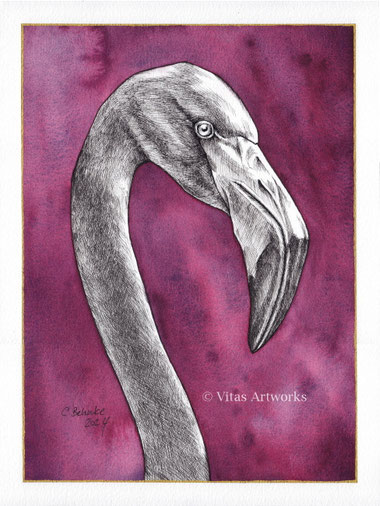 majestätischer Flamingo - Originalkunstwerk gemalt mit Aquarellfarben und Tinte