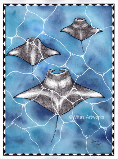 Unterwasserliebe - Rochen gemalt mit Aquarell und Tinte