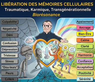 Séance de libération de mémoire cellulaire - En cabinet à Polliat (proche de Bourg-en-Bresse dans l'Ain) et à distance en viso, à Sallenôves proche de Annecy en Haute Savoie, ET Ecully proche de Lyon dans le Rhône - ou a distance - Roger Raymond