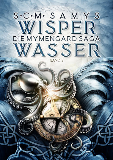 Episches High Fantasy Cover mit Wellen, Krake und Kompass