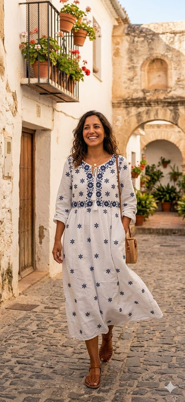 Bestickes Baumwollkleid, gefüttert, S, M, L, € 89.00.