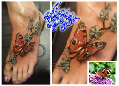 Blue Magic Pins 3D effect tattoo of a beautiful peacock butterfly, Genk Belgium realistic forget me not flowers foot feet feminine
