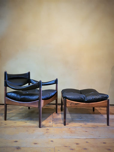 Lounge Sessel mit Ottomane Entwurf Kristian Vedel, Serie „Modus“, 60er Jahre, Palisander Rahmen mit Leder Polster,  schöner Zustand.  VERKAUFT
