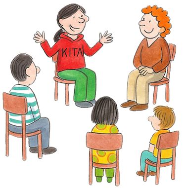 Elternabend in einer Kita, bei dem Eltern und Fachkräfte auf Kinderstühlen über den Umgang mit Geld und Finanzbildung im Kindergarten sprechen – Illustration im Stil von bricklebrit.
