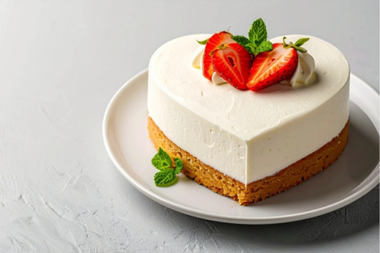 クリームといちごがあしらわれたハート形のケーキ。