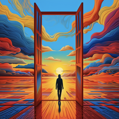 Poster mit Sonnenaufgang über einer Wüste mit offener Tür schwarze Silhouette einer Person läuft durch die Türe, im Stil psychedelischer Porträts, realistische figurative Gemälde, intensiv farbenfrohe Figuration, gesättigte Farbfelder