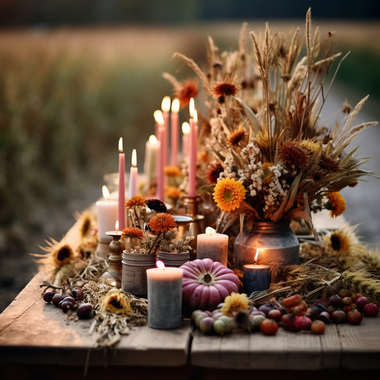 Ein Holztisch steht auf einem Kiesweg daneben sind Wiesen, auf dem Tisch sind schöne herbstliche arrangierte Trockenblumen in Vasen ländlicher Stil, darum herum sind Kürbise und Kerzen, getrocknete Sonnenblumen andere herbstliche Blumen