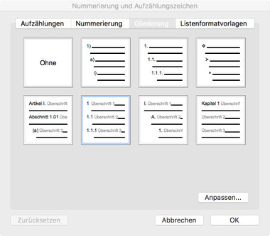 Eingabefenster «Nummerierung und Aufzählungszeichen»: Eine Gliederung der Untertitel wird unter dem Reiter «Gliederung» eingestellt. Hier findet man wiederum viele Variationsmöglichkeiten, die aber nicht alle übersichtlich sind.