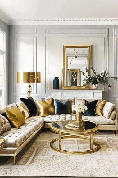 Wohnzimmer mit Gold einrichten: Inspiration und Tipps für stilvolle Akzente, moderne Farbkombinationen und pflegeleichte Eleganz für ein luxuriöses Ambiente.