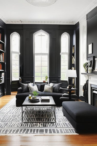 Ein schwarzes Wohnzimmer wirkt mit Licht, Holz und hellen Akzenten ruhig, modern und warm, ohne schwer zu erscheinen.