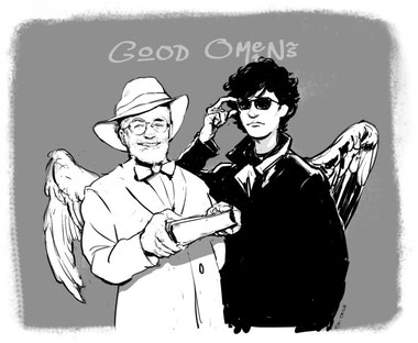 Terry Pratchett and Neil Gaiman as angel Aziraphale and demon Crowley