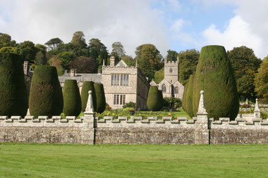 Ansicht von Lanhydrock Castle und in Form geschnittenen Eiben