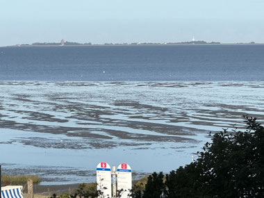 die Küstenansicht zeigt Wattflächen und das Meer im Vordergrund. Am Horizont ist unter klarem Himmel die Insel Neuwerk mit Gebäuden zu sehen, der perfekte Meerblick für die Gäste der Ferienwohnung in Duhnen