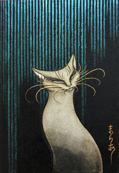 "rain in lapis color"   15.8×22.7 cm  Traditional Japanese Painting supported by Fresco.    Framed.