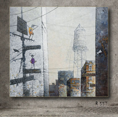 rues, a gauche panneau direction et deux personnages et un oiseau sur fil avec mur oranges et un reservoir eau piliers dans le fond