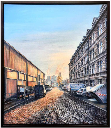 Gewerbegebiet im warmen Licht. Berlin-Neukölln an der Lahnstraße. Öl auf Leinwand, 70x80 cm, gemalt 2023. 1150 €