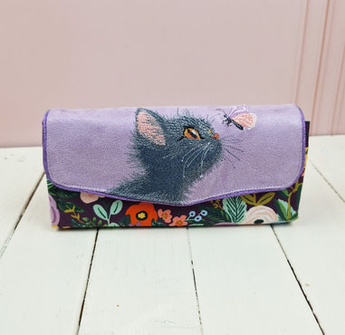 grand portefeuille femme, broderie chat chaton, cadeau fête des mères