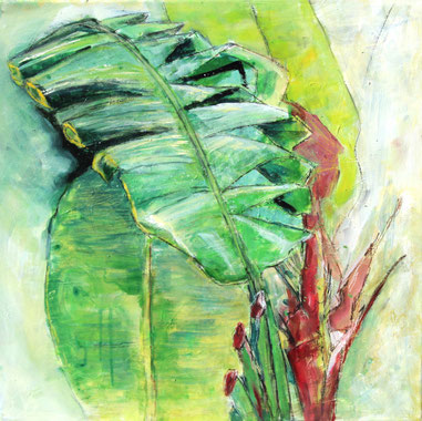 Alles Banane II  -  Blattwerk    50  x  50  Acryl, Pastellstifte