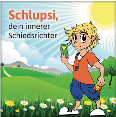 Zeichnung von Schlupsi mit grüner Karte und Sonne