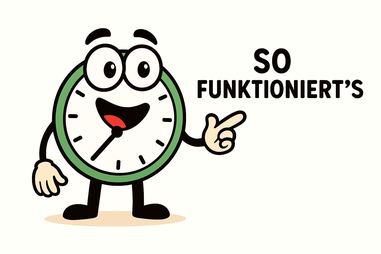 Uhrli, das ZeitTausch-Maskottchen, zeigt mit einer Hand nach rechts auf die Überschrift „So funktioniert’s“.