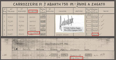 Copy of Abarth-Zagato ledger dated 1957 signed by Andrea Zagato