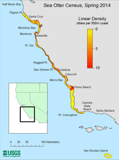  本土沿岸とサンニコラス島における各地域ごとのカリフォルニアラッコの個体数密度を示す地図。Image: USGS