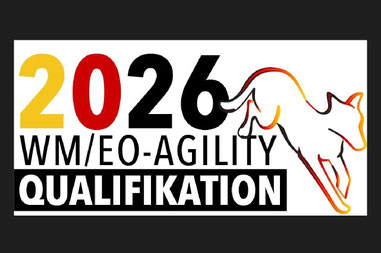 Logo mit der Jahreszahl 2026 in den Farben Gelb, Rot und Schwarz, dem Text 'WM/EO-AGILITY QUALIFIKATION' und der Umrisszeichnung eines springenden Hundes.