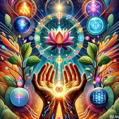 Cette image représente une fusion entre spiritualité et thérapie énergétique, avec des mains ouvertes émanant une lumière scintillante et des symboles mystiques qui flottent dans l'espace autour d'une fleur de lotus centrale, signifiant l'éveil