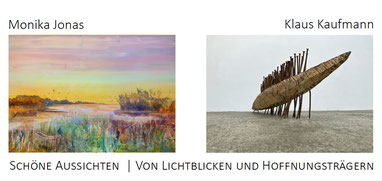 Einladungsflyer zur Kunstausstellung Schöne Aussichten im Bergfried in Wegberg zusammen mit Monika Jonas