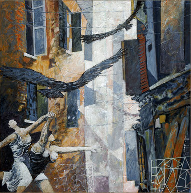 rues avec deux femmes qui courent vers des oiseaux qui volent, fenêtres, volets et balcon blanc