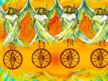 Exilé près du fleuve Kebar, Ézéchiel reçoit la vision des 4 chérubins dont le bruit de leurs ailes est pareil au bruit des grandes eaux ou à la voix du Tout-Puissant. Il s’agit d’un bruit tumultueux comme le bruit d’une immense foule ou celui d’une armée.