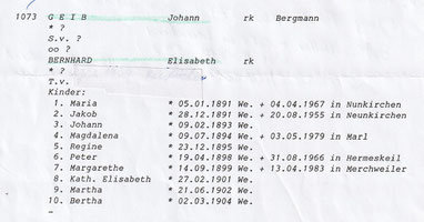 Die Familie Geib-Bernahrd aus Wemmetsweiler im Famileinbuch der Gemeinde Illingen - ohne weitere Angaben zu den Eltern der beiden Eheleute.