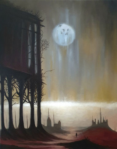 Dunkle Landschaft mit Vollmond, nebligem Pfad und einsamer Figur – symbolisches Ölgemälde von Pia Staudacher