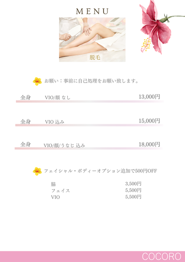 脱毛メニュー表