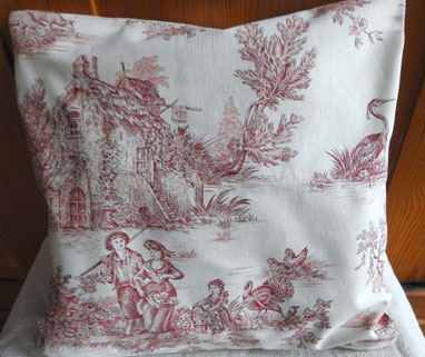 Kissenbezug Toile de Jouy rot auf natur, 40 x 40 cm