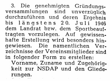 Behördliche Vorgaben zur Neugründung von Vereinen. PVZ vom 02.07.1946 (Foto: Archiv Eric Lindon)