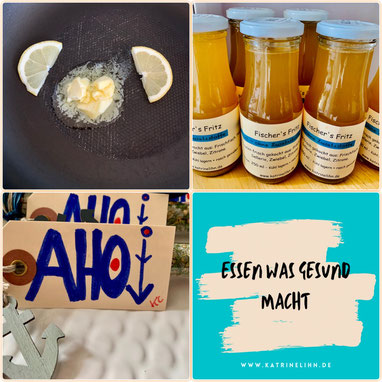 Collage mit Fischgewürz, Etiketten Butter und Zitrone und "Essen was gesund macht" von Katrine Lihn