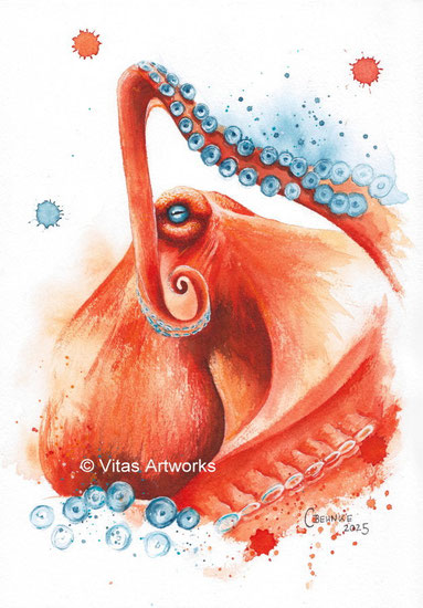 modernes Aquarellbild - Oktopus gemalt mit Aquarellfarben 