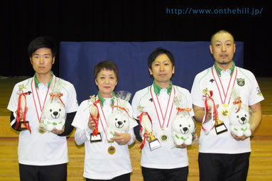 左から、B級優勝桑田、L級優勝醍醐、A級優勝島田、キャロム優勝山下　※Photo : On the hill !（以下同）