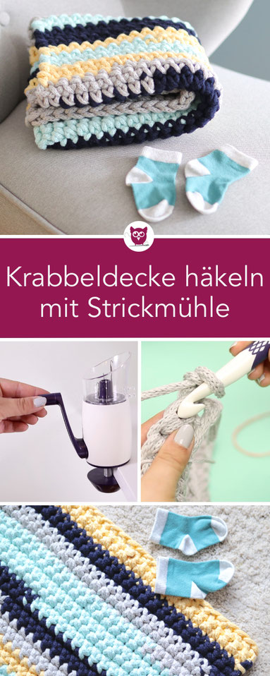 [Werbung] Krabbeldecke häkeln mit Strickmühle Comfort Twist von Prym. Perfekt Häkeln für Babys mit Chunky Garn – Strickliesel Kordeln Projekt. Häkelanleitung von DIY Eule.