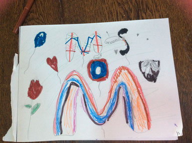 photo of a drawing done by a child. There is a rose, a heart balloon, a balloon, and the letters MOMS