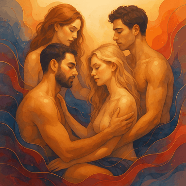 Eine künstlerische Illustration zeigt zwei Männer und zwei Frauen in einer engen, sanften Umarmung, umgeben von wirbelnden, warmen abstrakten Mustern in Orange und Blau.