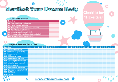 Checklist for 19 exercises to manifest your dream weight with the law of attraction.