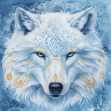 Das Gemälde zeigt einen elegant aussehenden Wolf im Stil von hellem Weiß und hellem Aquamarin, Necronomicon-Illustrationen, Hellgrau und Gold, Airbrush-Kunst