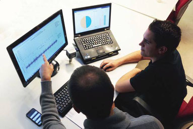 Auswertung von Schwingungsmessdaten am PC zur Diagnose des Anlagenzustands eines Industrie-Antriebs durch Spezialisten der Schwingungsdiagnose