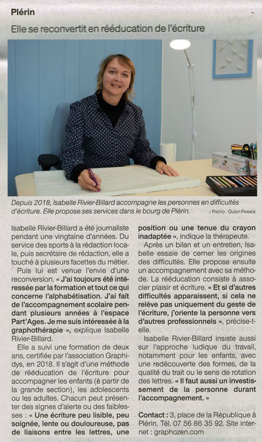 Isabelle Rivier-Billard, graphothérapeute, spécialiste de l'écriture manuscrite à Plérin, près de Saint-Brieuc, dans les Côtes-d'Armor (22)