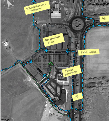 Pedestrian/cycle (blue) and vehicle (green) access to the Bicester Gateway site.